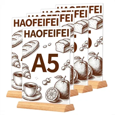 Image de Support de menu en acrylique format A5 avec base en bois, lot de 5 – Présentoir en forme de T, recto-verso