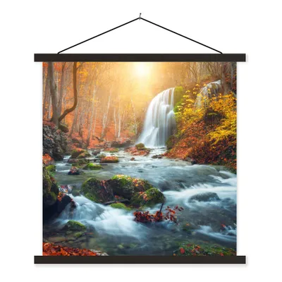 Produktbild von MuchoWow® Textilposter Wasserfall - Sonne - Herbst 120x120 cm mit schwarzem Rahmen - Aufhängungsset