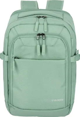 A front view of a green backpack against a white background.