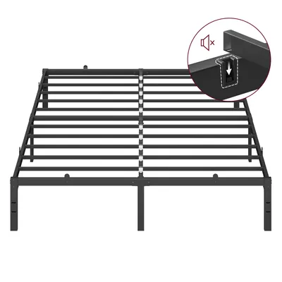 A black metal bed frame is shown against a white background. A circular inset in the top right corner shows a close-up of a joint with a sound icon and an arrow indicating assembly.