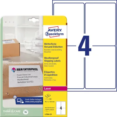 Image de Avery Zweckform L7994 - Adhésif permanent - blanc - 99,1 x 139 mm 100 étiquette(s) (25 feuilles x 4) Étiquettes d'expédition (L7994-25)