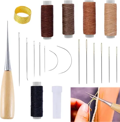 Produktbild von Leder Nähset - 21-teiliges Werkzeugset mit Nadeln, Nähahle, Maßband und Nahttrenner - für Lederhandwerk und Näharbeiten