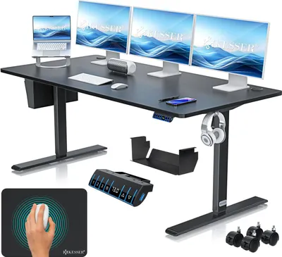 Produktbild von KESSER® Schreibtisch elektrisch & höhenverstellbar Computertisch Ergonomisch Stehen & Sitzen 3-Memory 360° Rollen USB-Ladeanschluss 180x80cm Schwarz