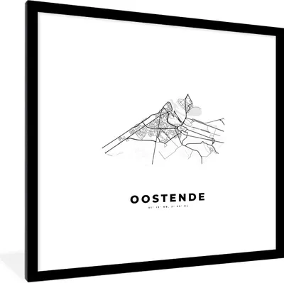 Produktbild von MuchoWow® Gerahmtes Poster Belgien - Ostende - Stadtplan - Karte - Schwarz und weiß - Karte 40x40 cm - Poster mit Schwarzem Bilderrahmen Wandposter Rahmen Foto Bilder - Poster - Plakat im Rahmen