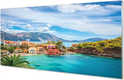 Produktbild von Glasbilder 100x50 Wandkunst Griechenland Küste Berge