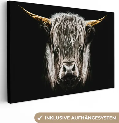 Produktbild von MuchoWow® - Leinwandbilder - Schottischer Highlander - Gold - Hörner - Schwarz und weiß - Kuh - Tiere, Wandbild, Wanddeko Bilder Wohnzimmer, 120x80 cm