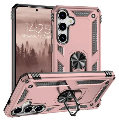 A rose gold phone case with a ring holder is shown from multiple angles, with a phone inside the case visible.