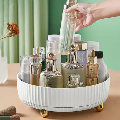 Produktbild von （Bílá）Organizér na make-up, 360° otočná kosmetická stolní vitrína, kulatý zásobník na parfémy s velkou kapacitou, vhodný pro šperky, štětce