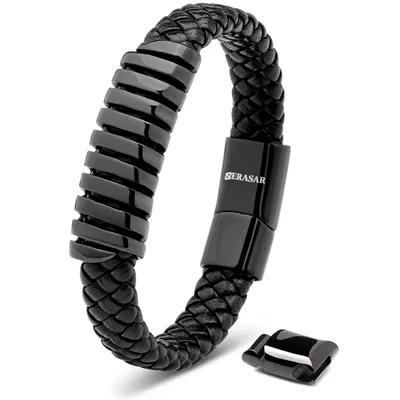 Obrázek produktu pro SERASAR | Kožený Náramek pro Muže [Helix] z Stainless Steel | Barva: Černá | Délka: 17cm
