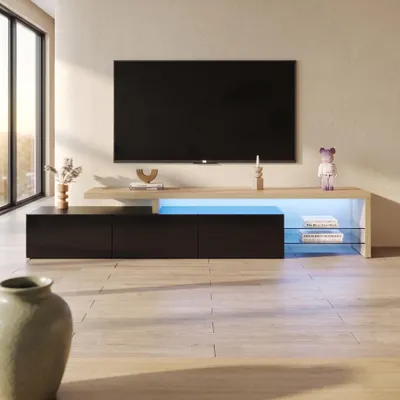 Obrázok produktu pre TV skrinka INONEFT s LED osvetlením, nízka komoda pod televízor, 200 cm, drevená TV skrinka, moderný televízny stolík, TV stolík s vysokým leskom, čierna farba, rozmer 200x39x42 cm