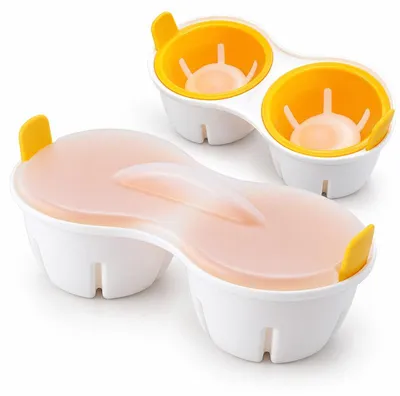 Produktbild von Mikrowellen Eierkocher 2er Set, Doppelkammer Eierpochierer mit Deckel, PP, für 2 Eier pro Form, Gelb-Weiß