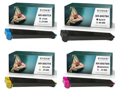 Obrázek produktu pro Kompatibilní toner Evoke pro tiskárny Sharp MX-60GT MX60GT: 4x CMYK (černá, azurová, purpurová, žlutá), výtisk až 112 000 stran. Kompatibilní také s modely: MX-2630N, 2651, 3050N, 3051, 3060N, 3061, 3070N, 3071, 3550N, 3551, 3560N, 3561, 3570N, 3571, 4050N, 4051, 4060N, 4061, 4070N, 4071, 5050N, 5051, 5070N, 5071, 6050N, 6051, 6070N, 6071