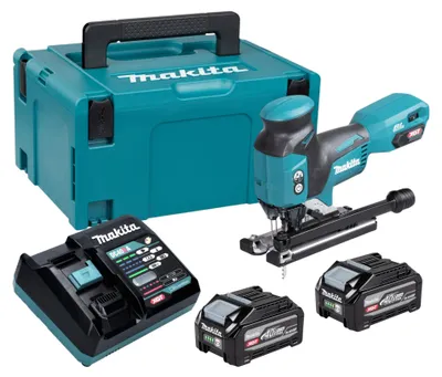 Imagen del producto de Sierra de calar a batería Makita JV 001 GU201, 40 V máx., 135 mm, sin escobillas + 2 baterías de 4,0 Ah + cargador + Makpac