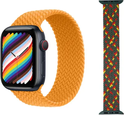 A smartwatch with an orange braided band is shown next to a separate braided band with a multi-colored pattern.