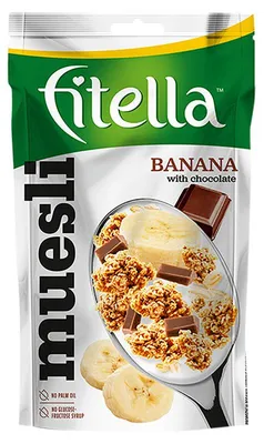 Obrázek produktu pro Fitella Banánové křupavé müsli s kousky čokolády a chia semínky 50 g