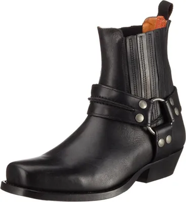 A single black leather boot with a harness strap and buckle is shown against a white background.