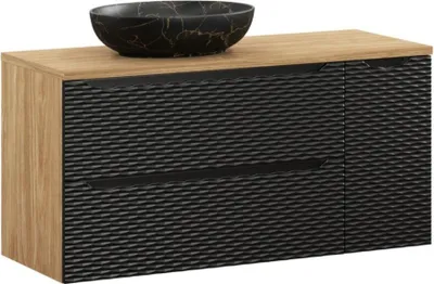 Image de Ensemble de salle de bain YOKA noir : meubles sous vasque 120 cm + plan pour vasque + vasque à poser effet marblre noir et or