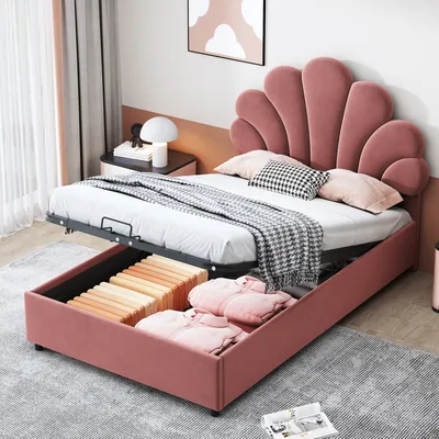 A bedroom scene with a pink upholstered bed frame featuring a unique shell-shaped headboard, showcasing its storage capacity.