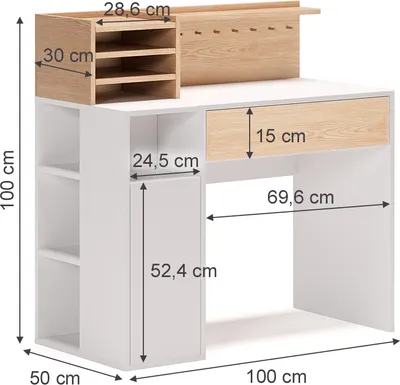 A diagram of a desk with dimensions indicated by measurement lines and text.