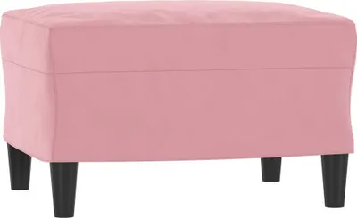 A pink ottoman with black legs on a white background.