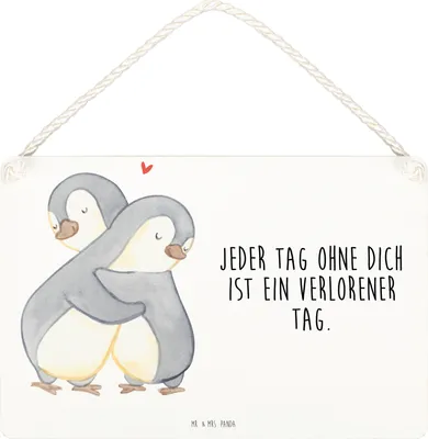 Produktbild von Mr. & Mrs. Panda Schild Pinguine Kuscheln DIN A5 - Weiß - Geschenk, wandtafel, Mitbringsel, Freundin, Hochzeitstag, Wandschild, Wandbild Holz, Freund, für Frauen