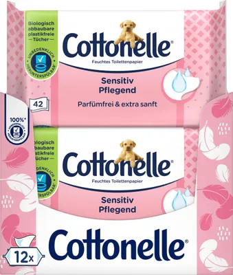Produktbild von Cottonelle Feuchtes Toilettenpapier Sensitiv Pflegend Vorteilspack 12 x 42 Tücher