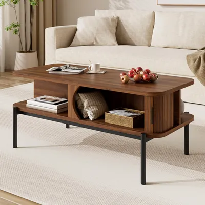 Produktbild von MODFU Couchtisch 100 × 45 × 43 cm, rechteckiger Wohnzimmertisch mit Schiebetüren, großzügiger Sofatisch Kaffeetisch mit offenen Fächern,Walnuss