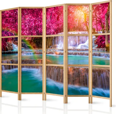 Produktbild von Paravent XXL Landschaft Wasserfall Natur 225x171 cm 5-teilig einseitig eleganter Sichtschutz Raumteiler Trennwand Raumtrenner Holz Design Motiv Deko Home Office Wald c-B-10007-z-a