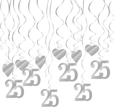 Produktbild von 25 dekorative Elemente für eine Silberhochzeit – Set mit 18 Teilen – Jubiläumsdekoration – Wirbeldekorationen, 25 Girlanden, hängende Dekorationen