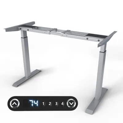 A silver height-adjustable desk frame with a black control panel is shown against a white background.