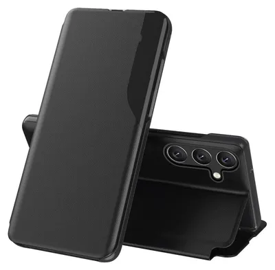 A black flip case for a smartphone is shown with the phone partially inserted and the camera module visible.