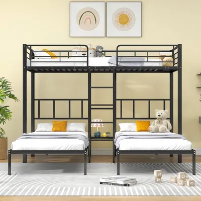 Obrázek produktu pro MODFU patrová postel kovová postel dětská postel 90x200cm s ochranou proti pádu a stolem, půdní rám postele s laťkovým roštem, žebříkem a policí pro 3 děti, černá