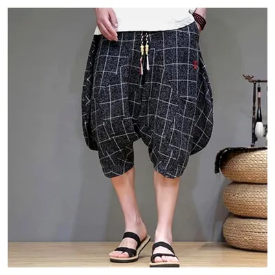 Produktbild von Karierte Haremshose für Herren, dünne Pluderhose im Vintage-Stil, chinesische Kimono Baggy Strandhose, 7/8 Haremshosen, japanische Jogginghose, traditionelle Hose