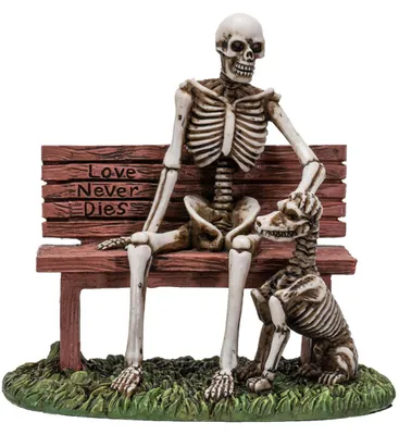 Produktbild von Skelett Figur auf Parkbank sitzend mit Skeletthund 12 cm