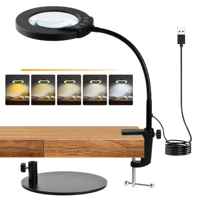 Productafbeelding van Mapille 10x vergrootglas met licht en standaard, 5 kleurmodi, dimbare LED-bureaulamp, flexibele zwanenhals vergrootglas met licht, vergrootglaslamp voor werk, lezen, hobby's, naaien en knutselen (2-in-1)