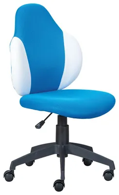 Drehstuhl Jugenddrehstuhl JESSI in Gesamtansicht mit blauer Mesh-Rückenlehne, weißen Seitenpuffern und schwarzem Fußkreuz.