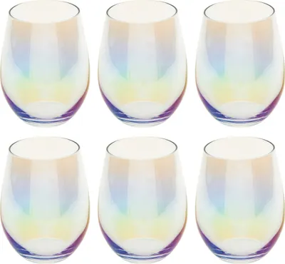 A set of six iridescent stemless wine glasses arranged in two rows on a white background.