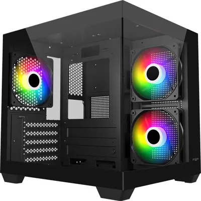 A black computer tower case with tempered glass panels and RGB fans.