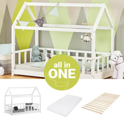 Produktbild von Homestyle4u 2835, Kinderbett Weiß Hausbett mit Rausfallschutz 80x160 cm Bodenbett Montessori Bett Bettenhaus Matratze Lattenrost