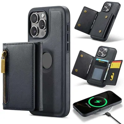 Obrázek produktu pro Pouzdro na iPhone 16 Pro s peněženkou 2 v 1, magneticky odnímatelné, s ochranou proti RFID, 7 přihrádkami na karty, se zipem, podporuje bezdrátové nabíjení, s funkcí stojánku, barva: černá