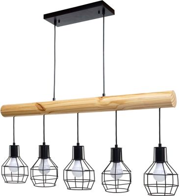 Pendelleuchte MCW-H83, Hängelampe Hängeleuchte, Industrial Vintage Massiv-Holz Metall schwarz  5 Gitterlampenschirme