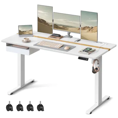 Produktbild von VASAGLE Höhenverstellbarer Schreibtisch elektrisch, mit Steckdose und Schublade, 60 x 140 cm Memory-Funktion, weiß