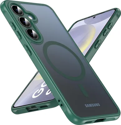 Two phone cases are shown diagonally, with one partially obscuring the other. The cases are green with a transparent back showing a magnetic ring.