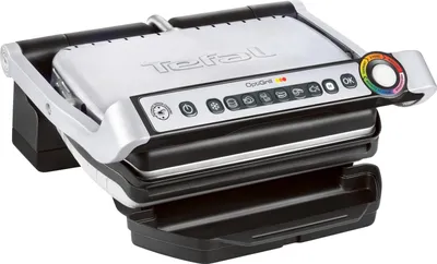 A close-up, studio shot of a Tefal OptiGrill contact grill.
