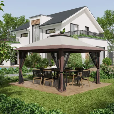 Produktbild von Faltpavillon 4x4m – Gartenpavillon höhenverstellbar mit UV-Schutz & Netzvorhängen, Doppeldach, für Gartenpartys, Beige
