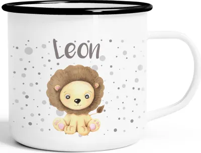 Produktbild von Emaille-Tasse mit Namen Löwe Namensbecher Emaille-Becher personalisierte Geschenke SpecialMe® weiß-schwarz Emailletasse