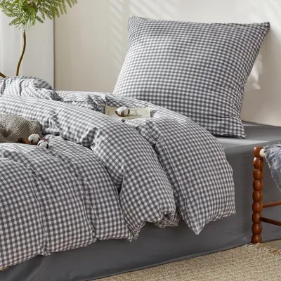 Immagine prodotto di Biancheria da letto 155x220 cm, cotone, a quadri, grigia, 2 pezzi,  Oeko-Tex, chiusura con cerniera