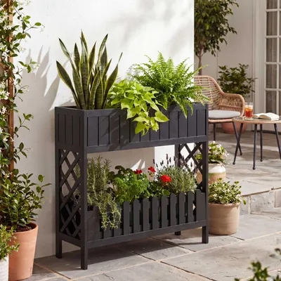 Immagine prodotto di Aiuola rialzata HWC-P83, fioriera/vaso da fiori, scaffale per fiori, per esterni, in legno di acacia ®, 90x95x31 cm ~ nero