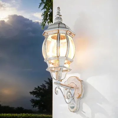 An outdoor wall lamp is mounted on a white wall, with a cloudy sky and trees in the background.