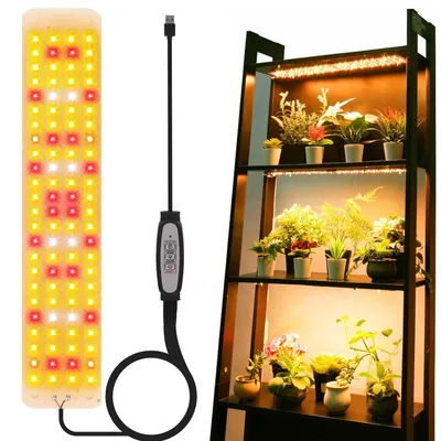 A plant grow light panel and a shelf with plants under grow lights.